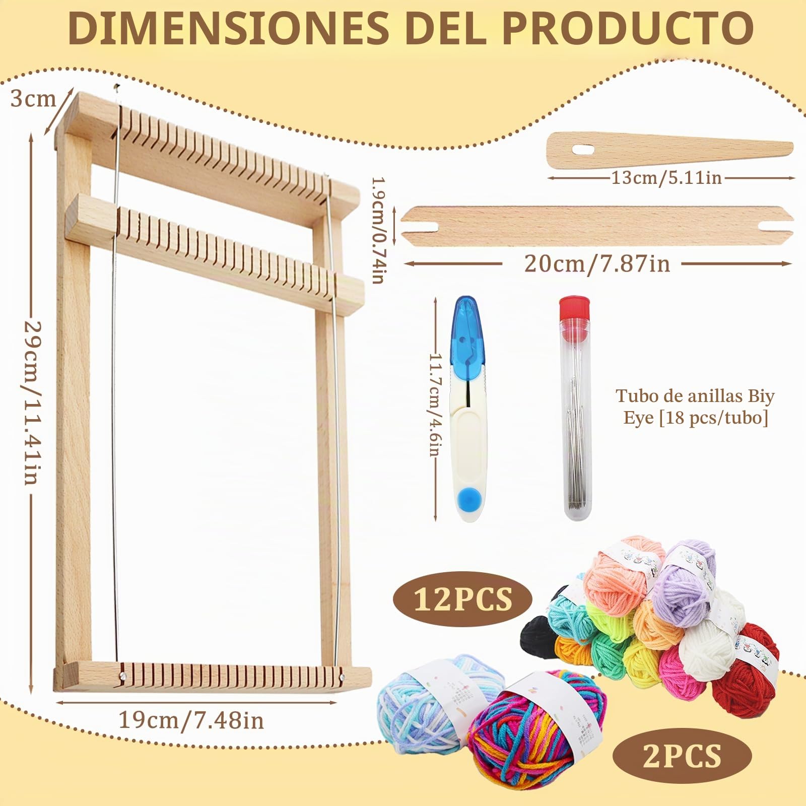 BEELUKY Telar de Madera Niños Kit de Marco de Madera para Tejer 29x19 cm Maquina de Tejer Madera Con Aguja, Navaja, Lana de Colores para Principiantes Tejeduría Posavasos Bufandas Adornos de Pared