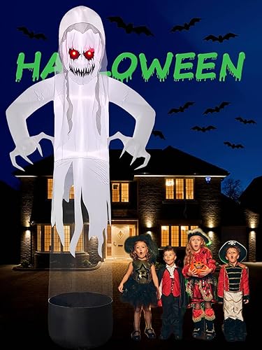Miniatura 4 de Kalolary Decoración inflable grande de Halloween de 12 pies, fantasma blanco levitante, fantasma animado de ojos rojos con LED integrados, inflable