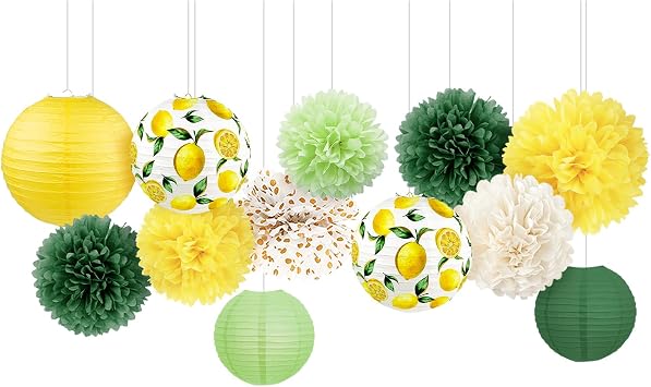 AOBKIAT Lemon Party Decorations Set with Paper Lanterns & Pom Poms Flowers | 12PCS for Neutral Baby Shower,Bridal Shower,Brithday,Summer Wedding,Garden Party