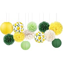 AOBKIAT Lemon Party Decorations Set,12 PCS Yellow Green Lemon Pattern Paper Lanterns and Pom Poms Flowers for Neutral Baby Shower,Bridal Shower,Brithday,Summer Wedding,Garden Party