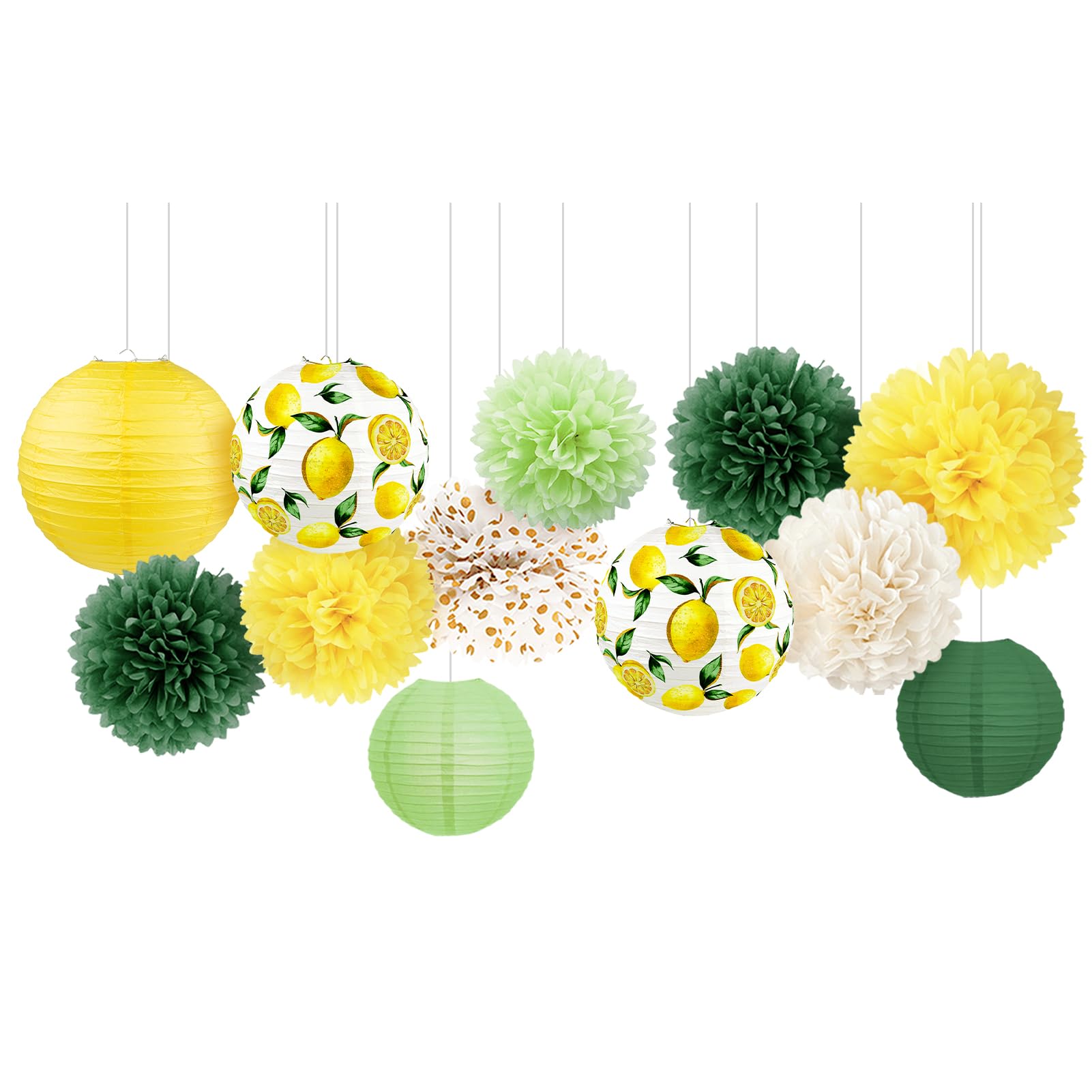 AOBKIAT Lemon Party Decorations Set,12 PCS Yellow Green Lemon Pattern Paper Lanterns and Pom Poms Flowers for Neutral Baby Shower,Bridal Shower,Brithday,Summer Wedding,Garden Party