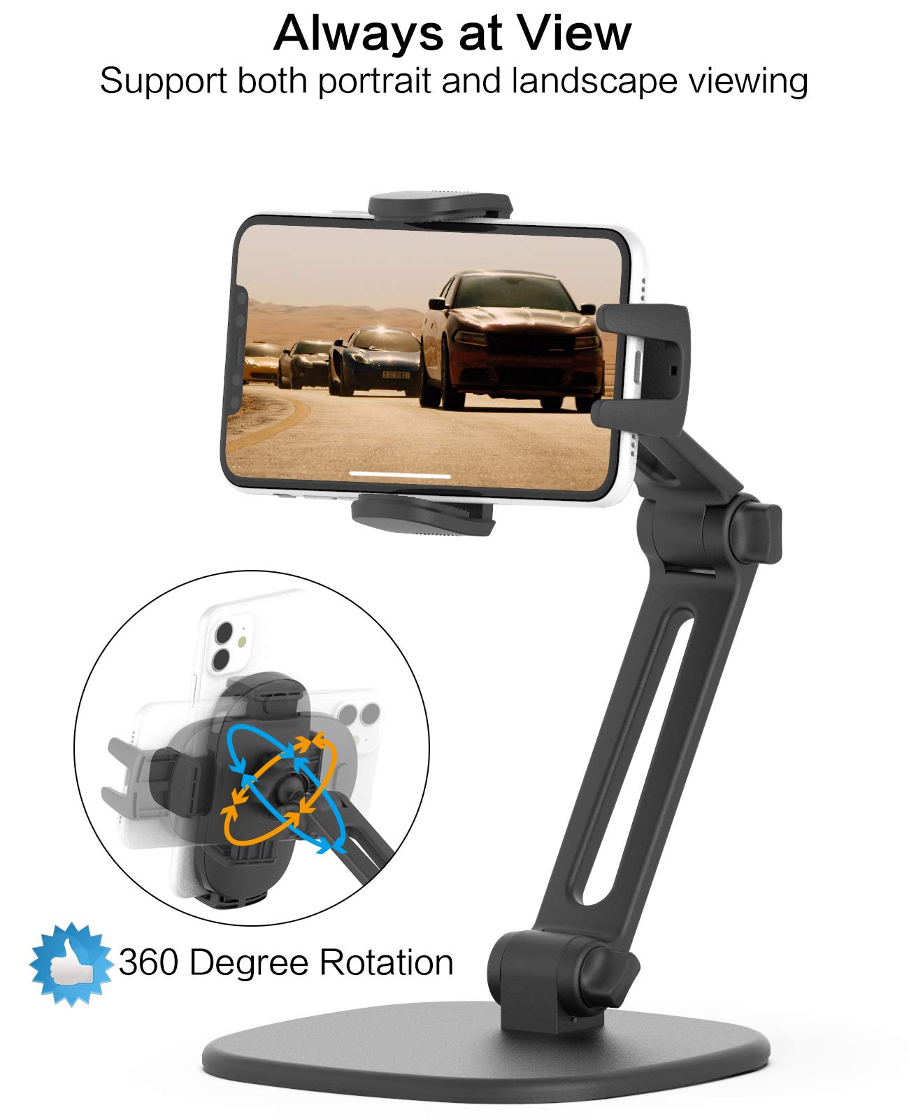 APPS2Car Supporto per telefono da scrivania [supporto stabile a tre morsetti] regolabile in altezza a 360 gradi di rotazione Base pesante spessa compatibile con custodie, supporto multifunzionale per