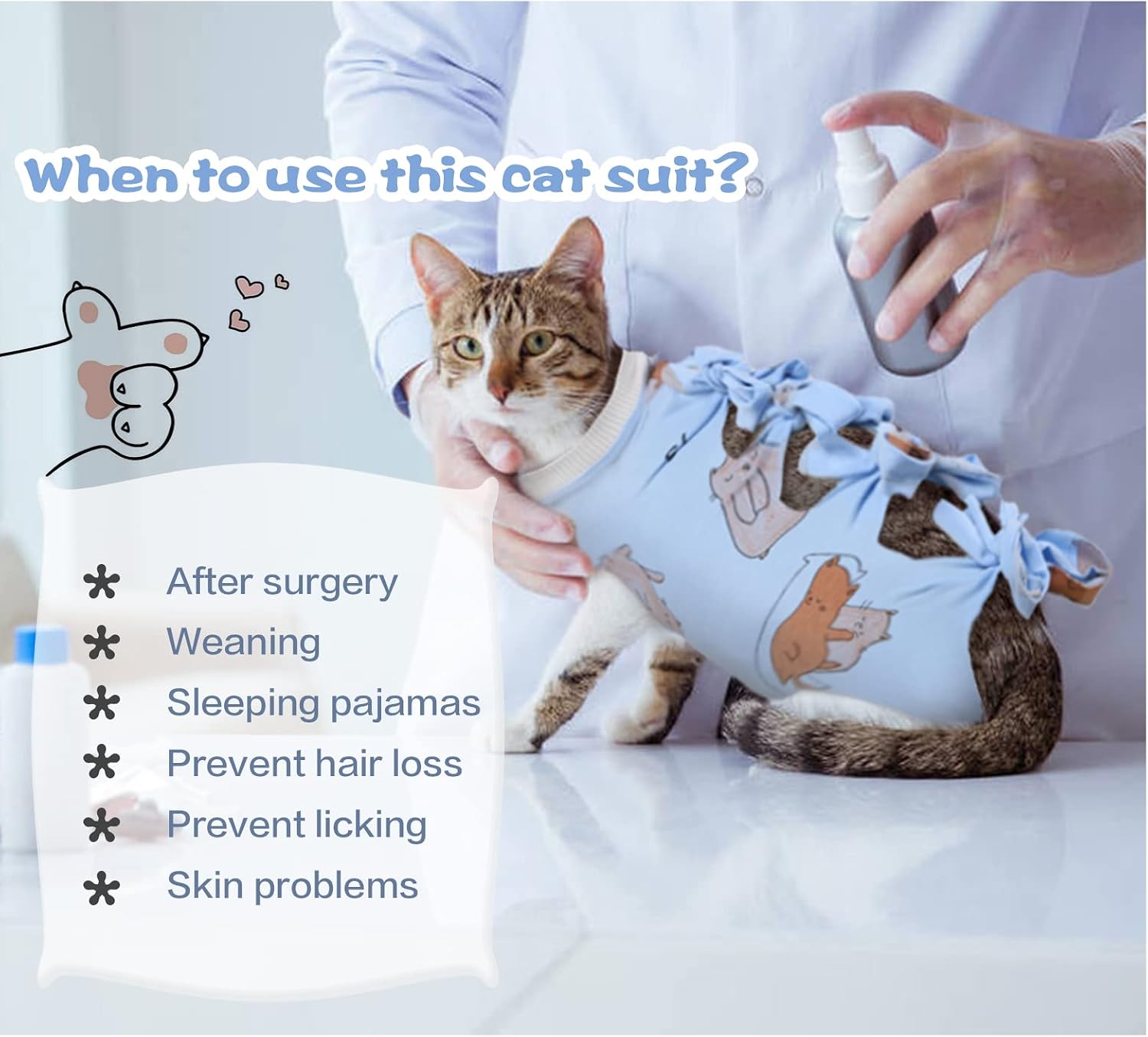 Cat Recovery Suit after Surgery, Pet Cone E-Collar Alternative, Elastic Professional Surgical Bandage Shirt Costume for Puppy Kitten Neutered/Abdominal Wound/Skin Damage/Weaning (M, Blue Cat)
