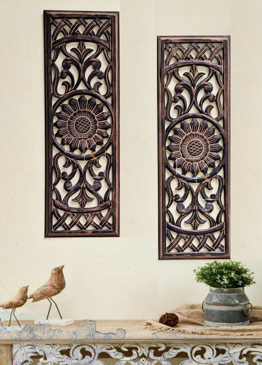 DE KRAFTSMAN wall panels for living room/set of 2 pcs 24x8 inch wall decor MANDLAA design carved antique wall panel decor medium size (Recycled wood made)