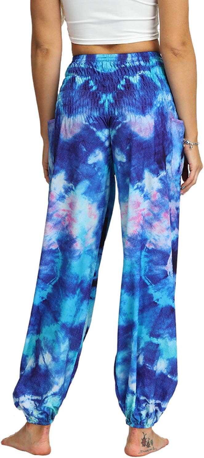 Lu's Chic Women's Tie Dye Harem Pants Thai Smocked Waist Dancing Loose Comfy Long Hippie Pants