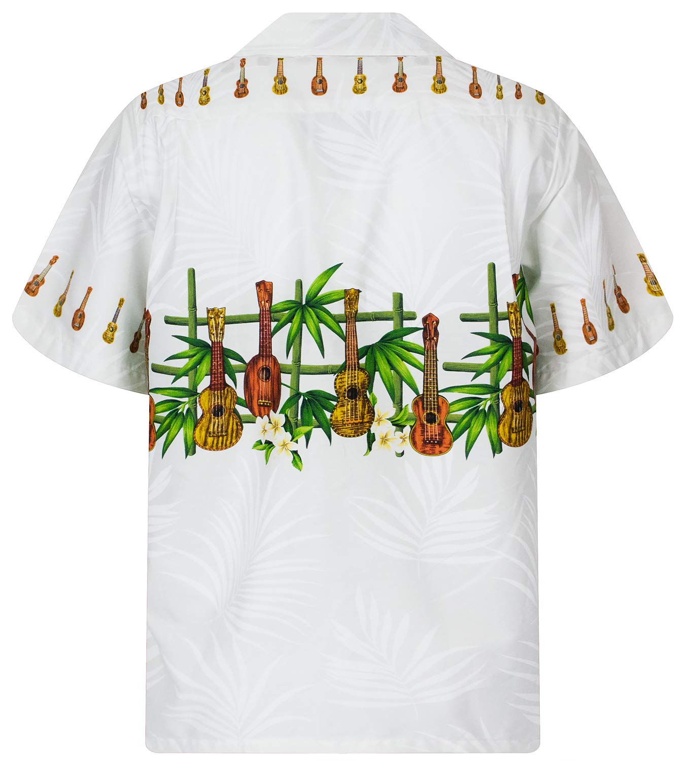 P.L.A. | Original Camicia Hawaiana | Signori | S - 4XL | Maniche Corte | Tasca Frontale | Hawaii Stampa | Palme | Pappagallo | Bianco