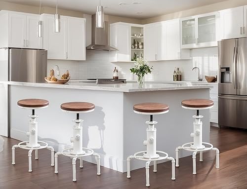 Topower Taburete de bar industrial vintage antiguo de madera maciza, diseño de boca de incendios, café, café, industrial, juego de 4, blanco antiguo