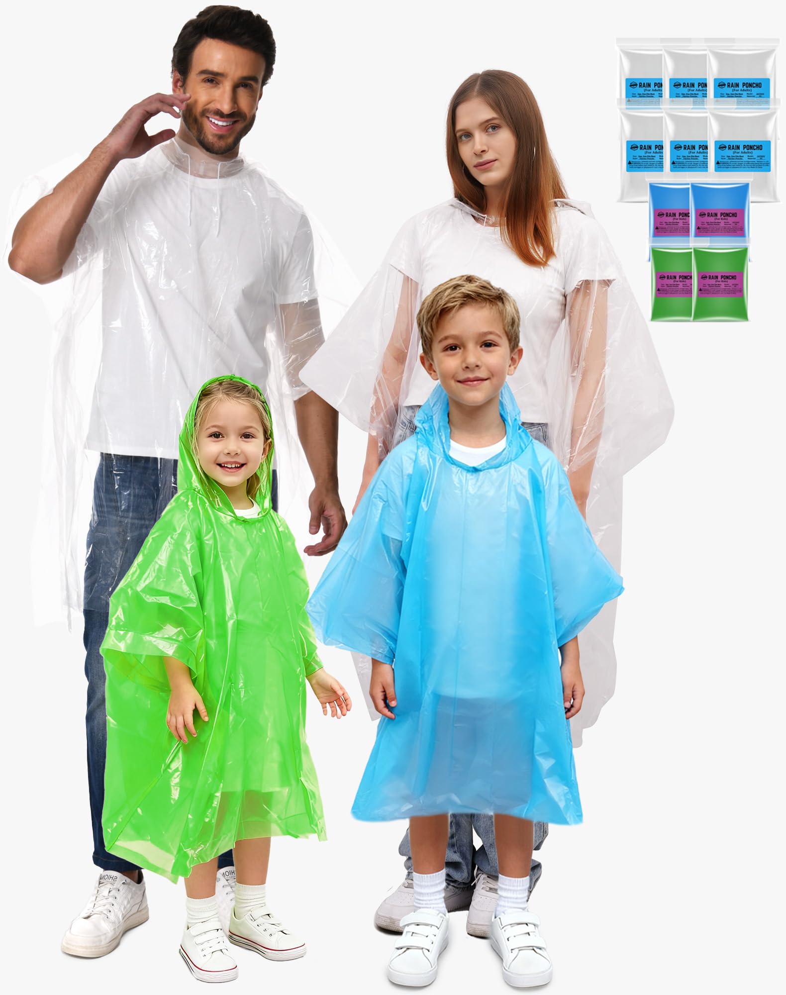 SANXINHT Disposable Rain Poncho Family 10 Pack for Adults & Kids with Hood - 2X-Thicker for Theme Parks, Travel & Outdoors