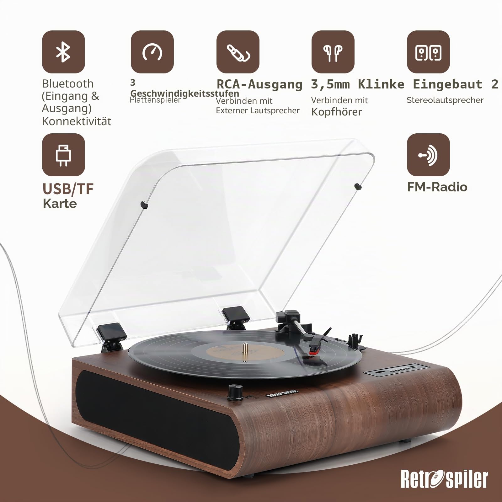 Plattenspieler, 3-Gang-Bluetooth-Plattenspieler mit eingebauten Lautsprechern, FM-Radio, Vinyl-MP3-Codierung, USB- & SD-Wiedergabe, LED-Bildschirm, Holz-Retro-LP-Player
