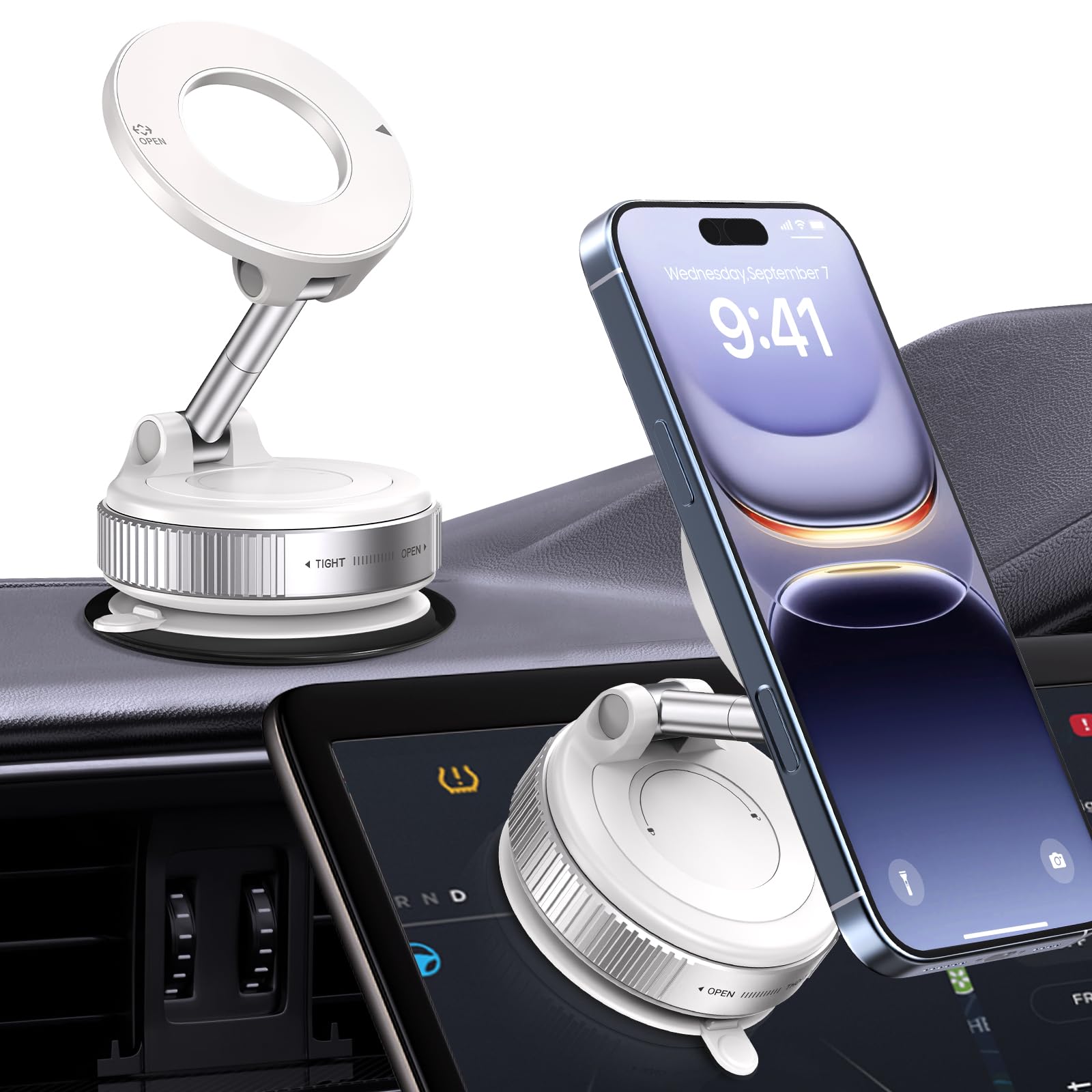 360° Rotatable Vacuum Magnetic Phone Holder, Foldable and Retractable Suction Cup Car Phone Mount for Car/Gym/Mirror/Smooth Surface, Compatible with iPhone Android and All Smartphones (White)