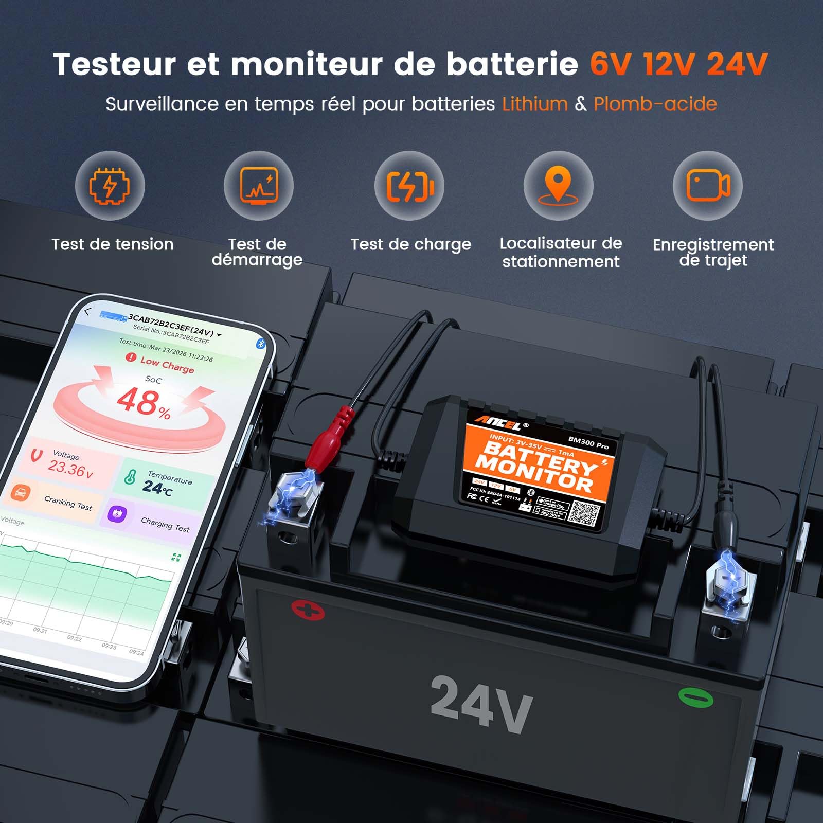 (Upgraded BM200) ANCEL BM300PRO Moniteur de Batterie 6V 12V 24V, Bluetooth 5.3 Battery Monitor de voiture avec test de charge, de système de démarrage & alarme, IP67 étanche pour camion moto bateau