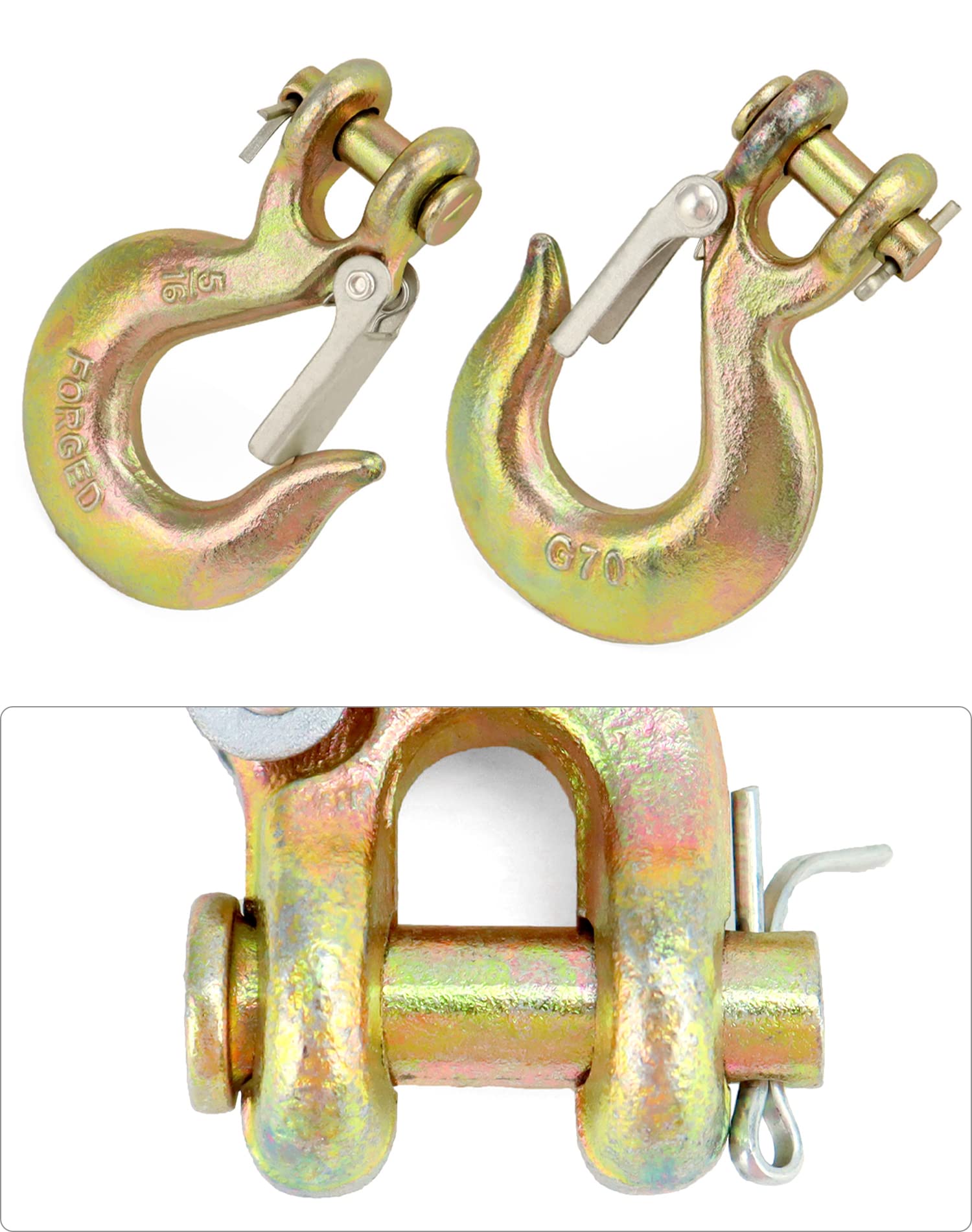 QWORK Ganci per catena di sicurezza, confezione da 8 ganci per catena di sicurezza in acciaio forgiato G70 da 5/16", con fermo, per rimorchi, verricelli, camion, rimorchi, carico 6,4 kg
