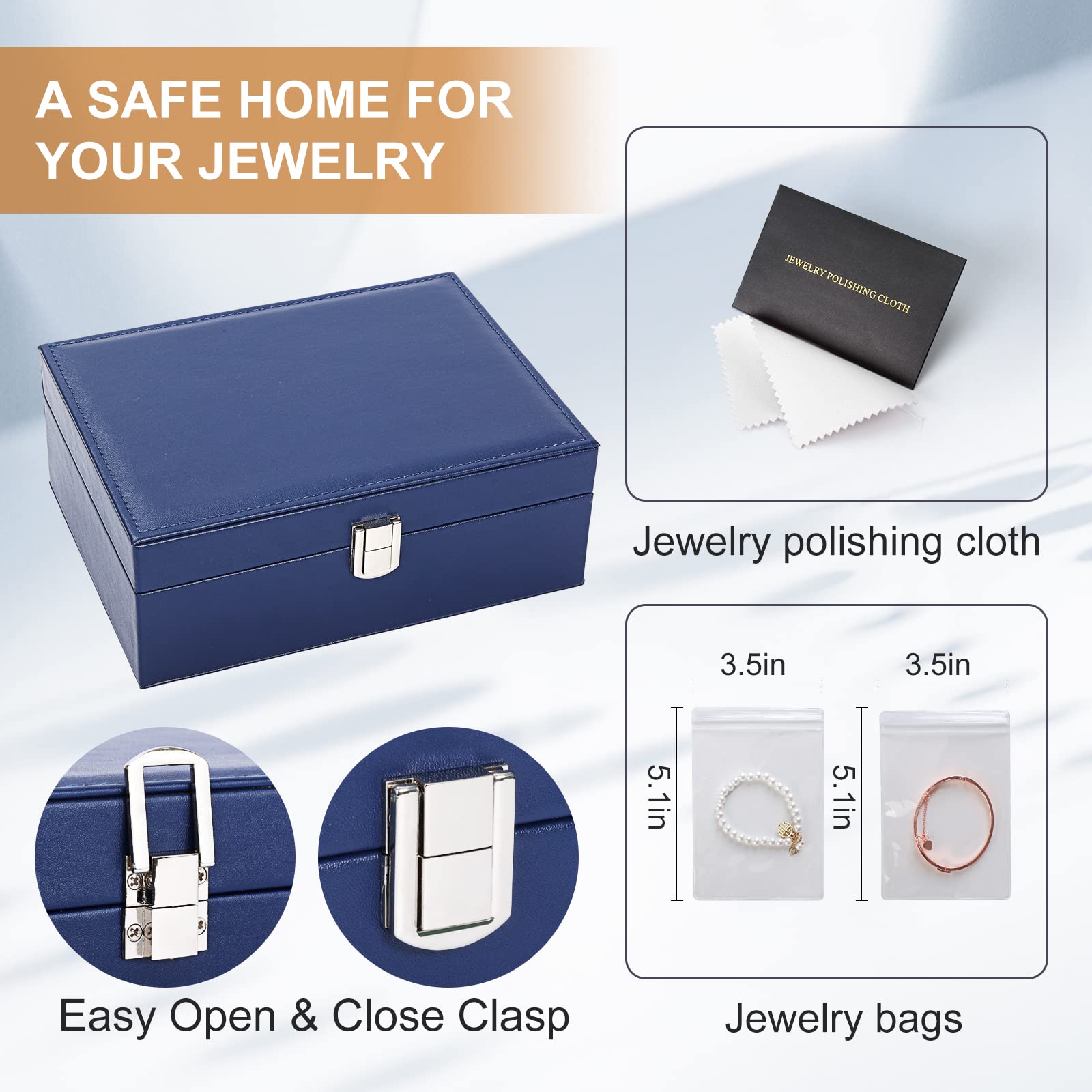 Schmuck-Organizer-Box aus PU-Leder für Mädchen und Damen, Ohrring-Organizer-Boxen, 2-lagig, große Schmuckaufbewahrung, abnehmbares Tablett für Halsketten, Ohrringe, Ringe, mit Poliertuch und