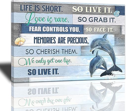 Dolphins Bathroom Decor Wall Art Beach Shell Themed Blue Ocean Animal Pictures Canvas Print Nautical Decor Artwork Life Inspirational Quotes Painting ...