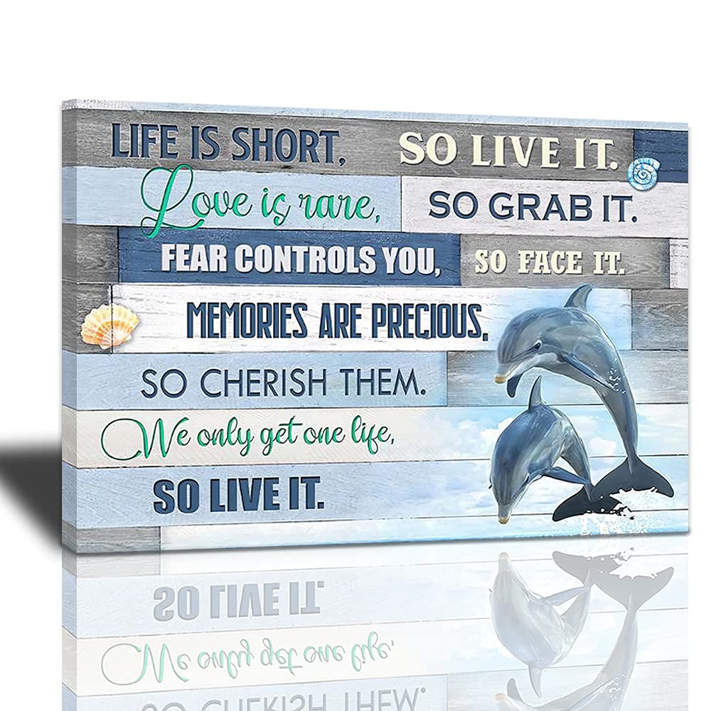 Dolphins Bathroom Decor Wall Art Beach Shell Themed Blue Ocean Animal Pictures Canvas Print Nautical Decor Artwork Life Inspirational Quotes Painting Framed Decoration for Living Room Bedroom12x16inch