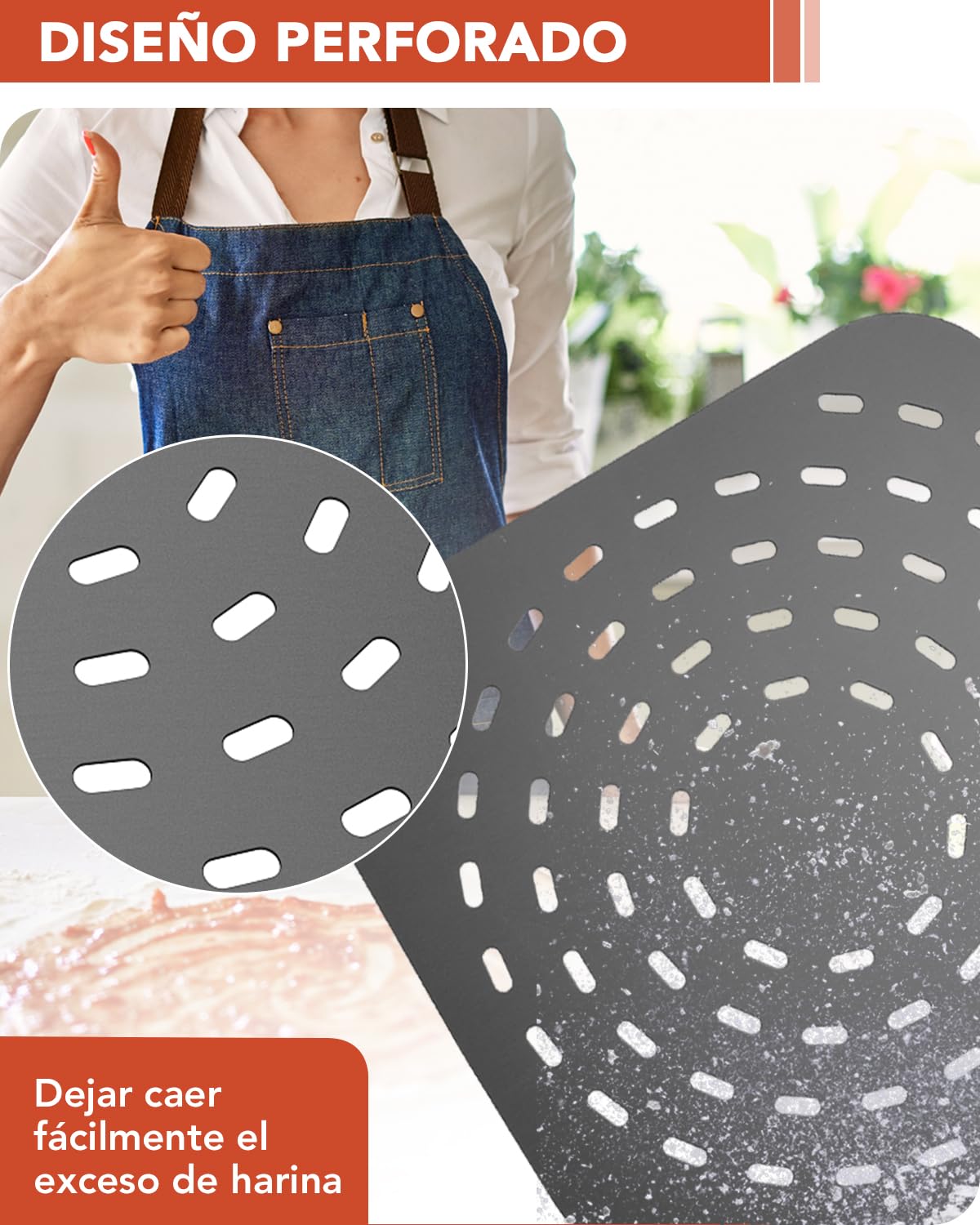 SOUTHGATE Pala para Pizza Horno Perforada, 30 x 36 x 74 cm, Pala Perforada de Aluminio Anodizado Duro para Deslizarse Fácilmente Sobre Piedra para Pizza, Empujador de Pizza con Mango de Silicona