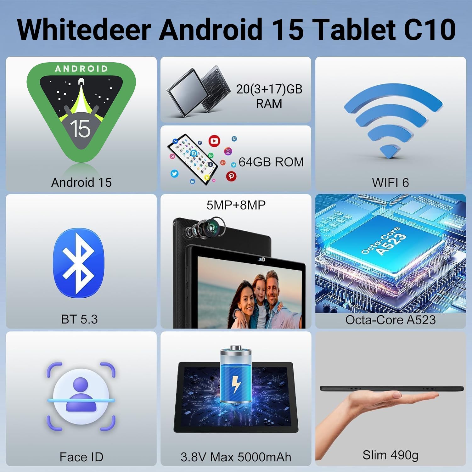 Whitedeer Tablet 10 pollici Android 15 Octa-Core, Face ID, OTG, 20GB+64GB+1TB Espansione, 1280 * 800 IPS, Split-Screen, WiFi 6, BT5.3, Doppia Fotocamera 5MP+8MP, 5000mAh, Widevine L1 (Nero)