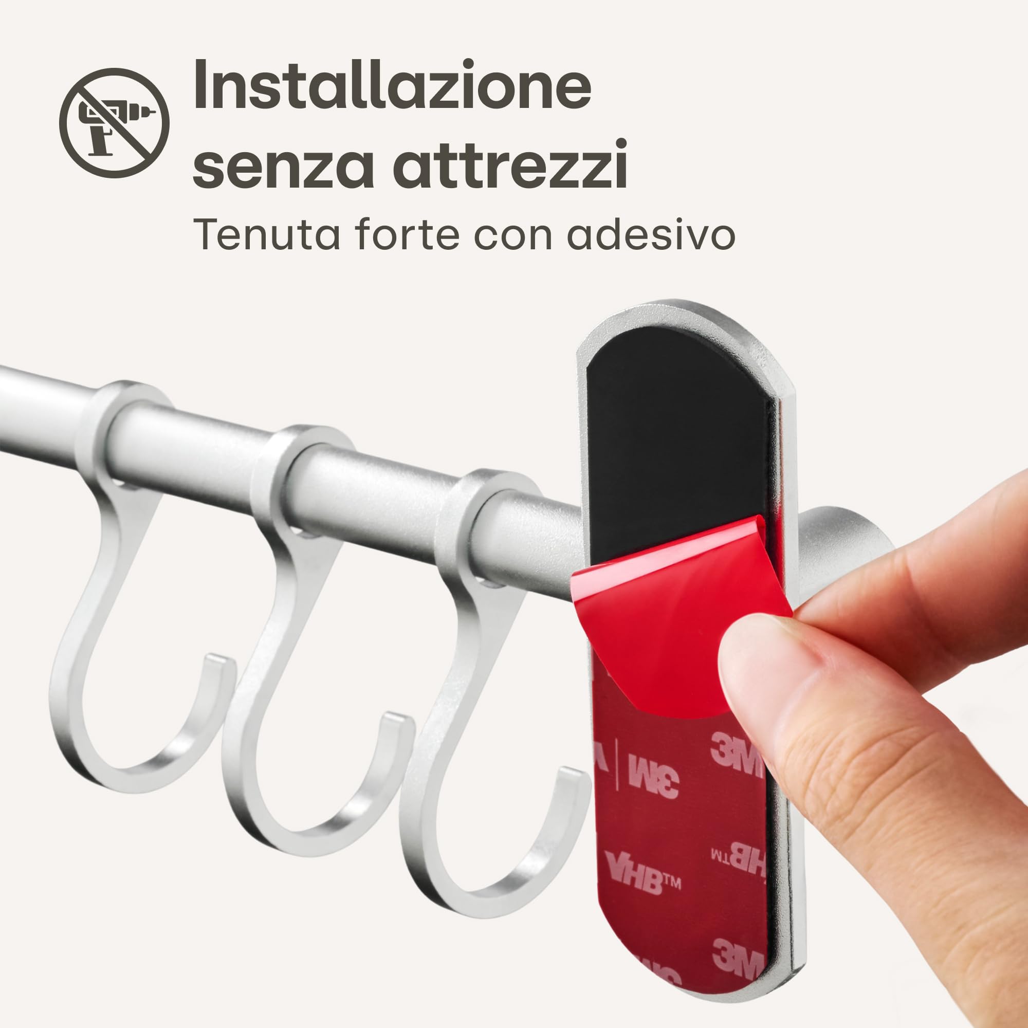 Praknu Barra Portautensili da Cucina Adesiva – 8 Ganci Regolabili - Installazione Senza Buchi - 40 cm – Supporto in Alluminio per Utensili da Cucina
