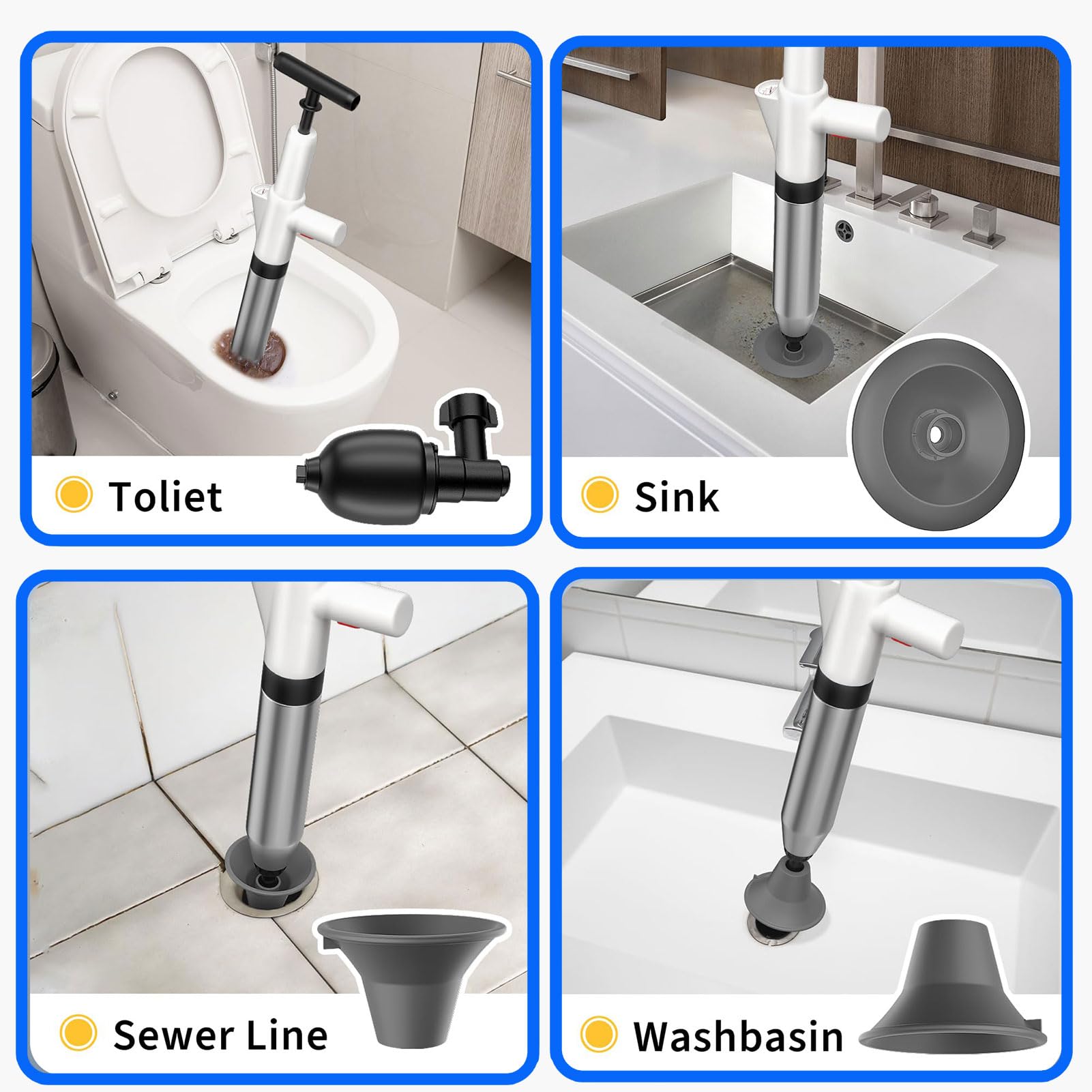 Desatascador Tuberias WC con Aire Comprimido con 4 Cabezas de Pistón | Profesional Desatascador Inflable de Alta a Presion con Inflador para Inodoro Lavabo Bañera Tubería Plato Ducha Fregadero