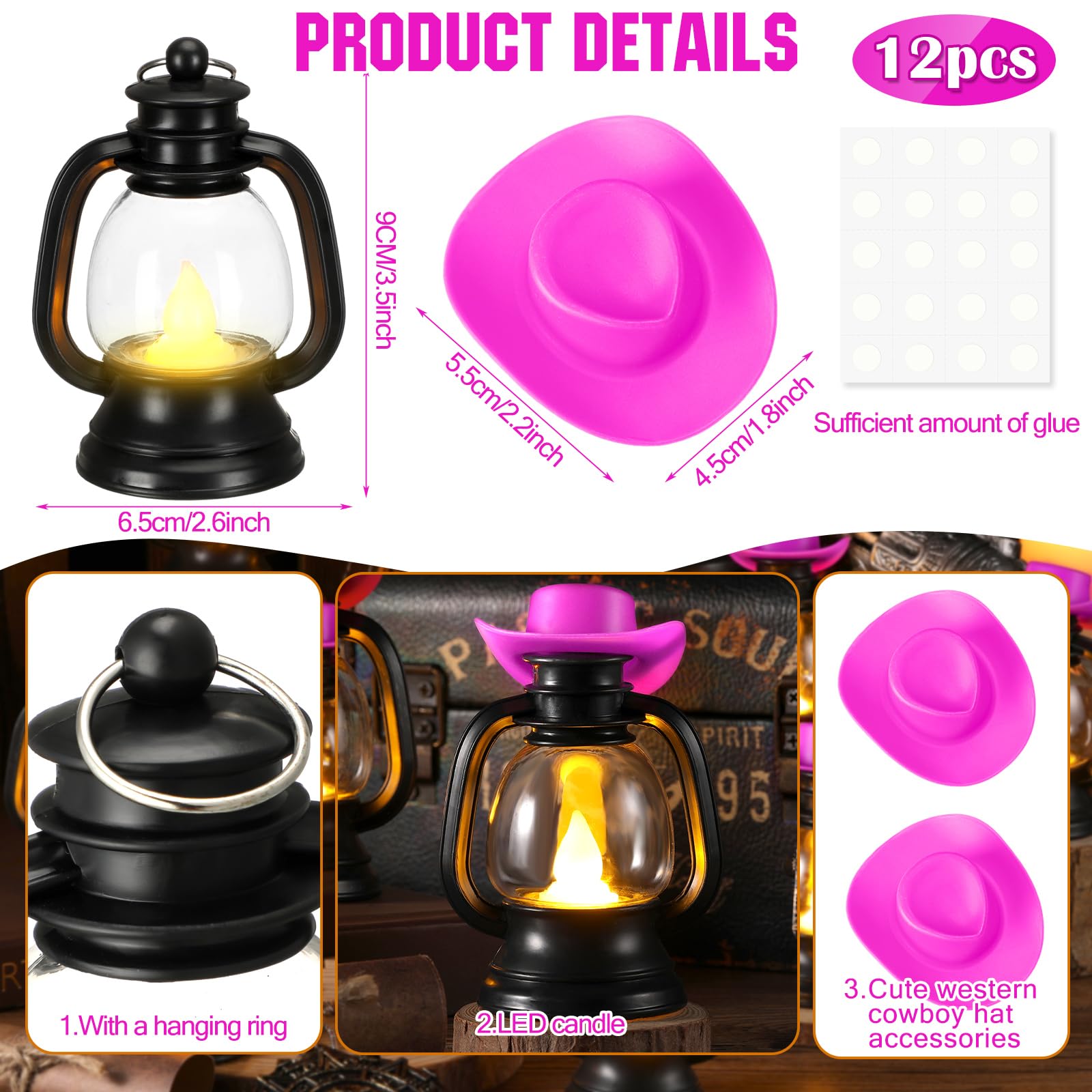 ROCEEI 12 Pieces Cowboy Hats Mini Lantern Western Cowgirl Small Lantern Decoration Retro Tiny Lamp with LED Candle Hanging Table Centerpieces Decor for Wedding Birthday Party Favor (Pink)