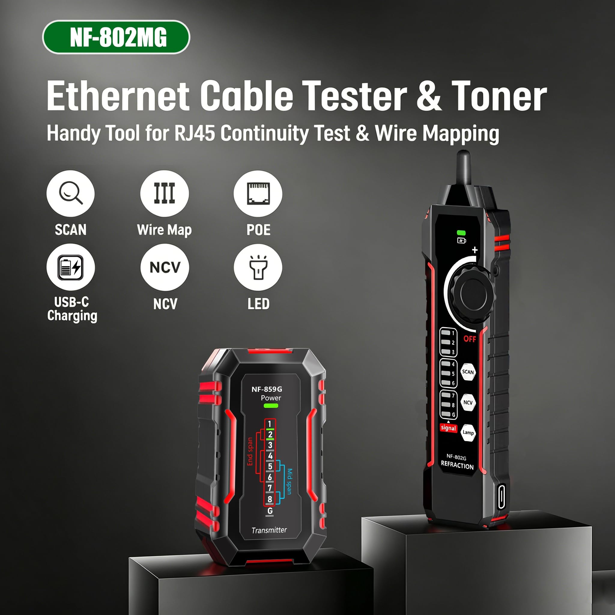 NF-802MG Tester per cavi di rete con POE/Cat5/Cat5e/Cat6/Cat6a CAT3 Linea telefonica RJ11 RJ45 Ethernet LAN Cavo telefonico Finder con funzione toner (nuova versione 2025)