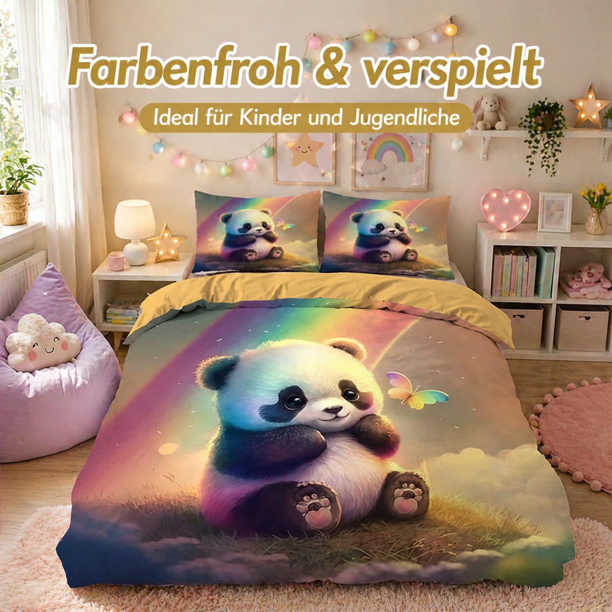 Kinder Bettwäsche-Set mit Panda-Motiv, 220x240 cm, Kissenbezug 80x80 cm, Mikrofaser