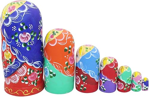 Miniatura 3 de Juego de 7 piezas de hermosas muñecas de madera roja con bufanda azul tradicional rusa anidación muñecas Matryoshka juguetes regalo hogar habitación