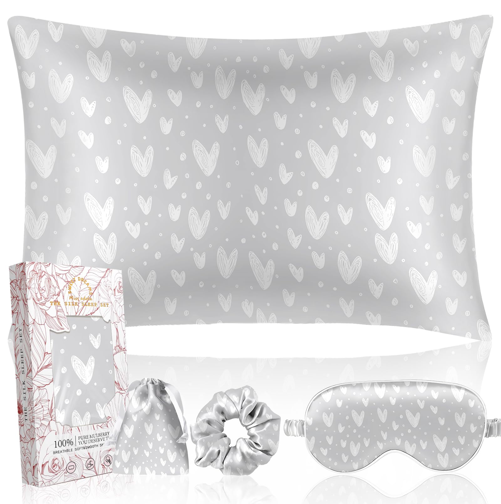 Miss Adola Mulberry Silk Pillow Case for Hair and Skin 19 Momme Standard 26"x20" Grey Satin Pillowcase with Eye Mask & Scrunchie Soft Satin Pillowcase Sleeping Gifts for Moms Women