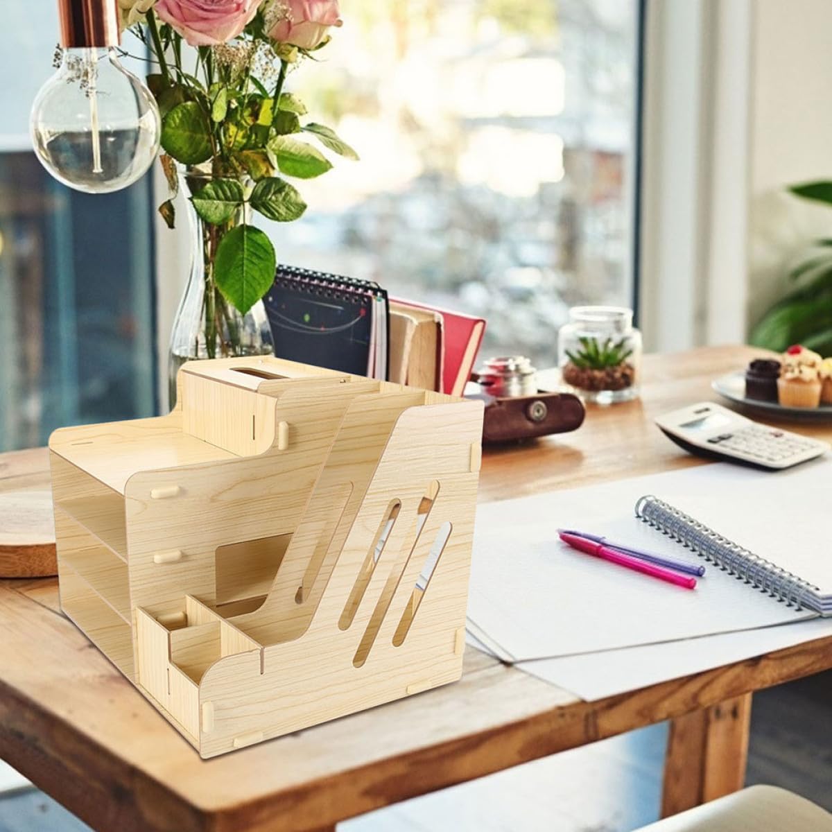 Veemoon Organisateur de Documents Design Épaissi Grosse Capacité et Compartiments Multiples en Bois pour Rangement de Bureau et Espace de Travail Organisé