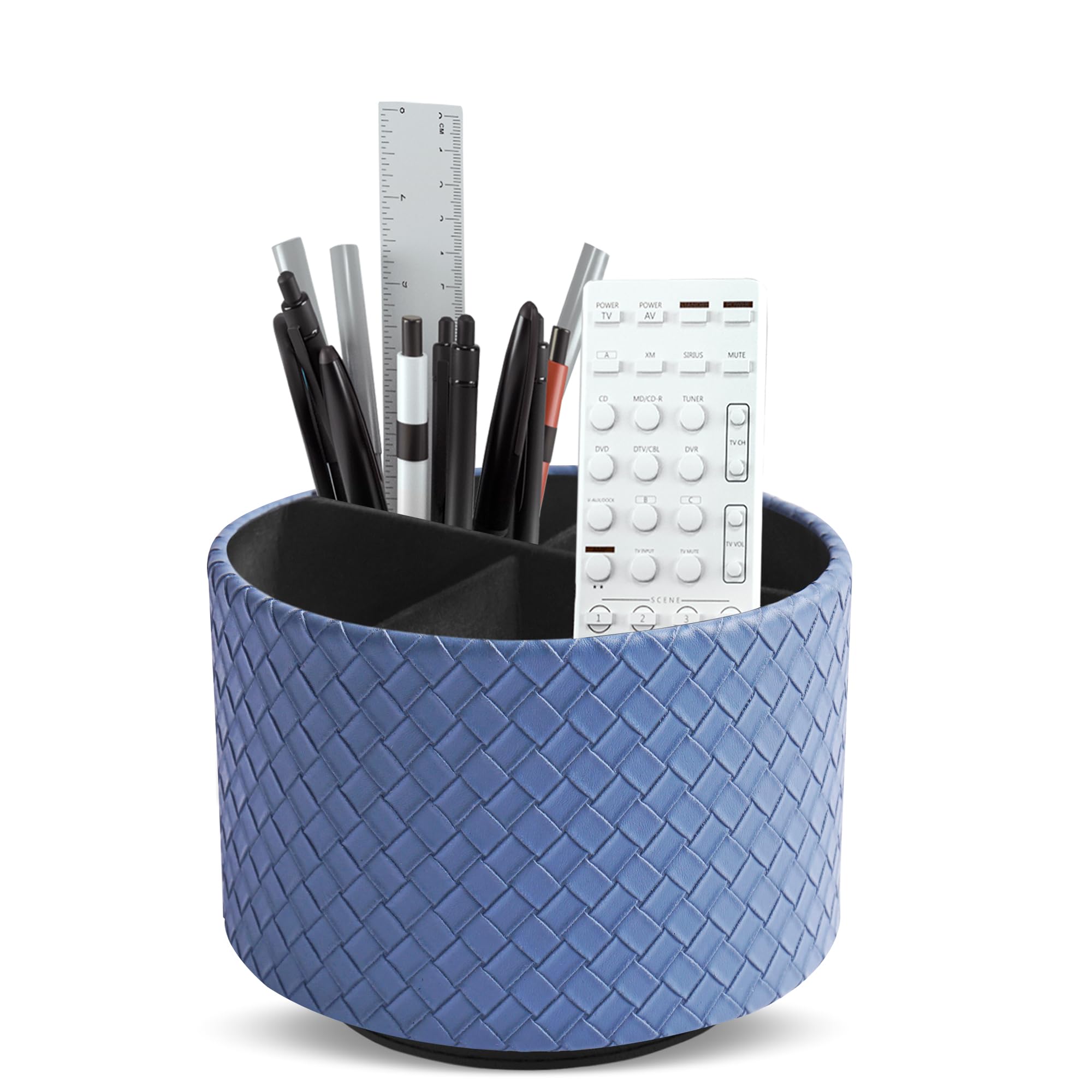 Mtzmy Round Leather Art Supply Organizer,Remote Control Holder,360 Degree Spinning,Multi-Functional Pencil Holder,4 Compartments Desktop Stationary Organizer(1-Woven Blue)
