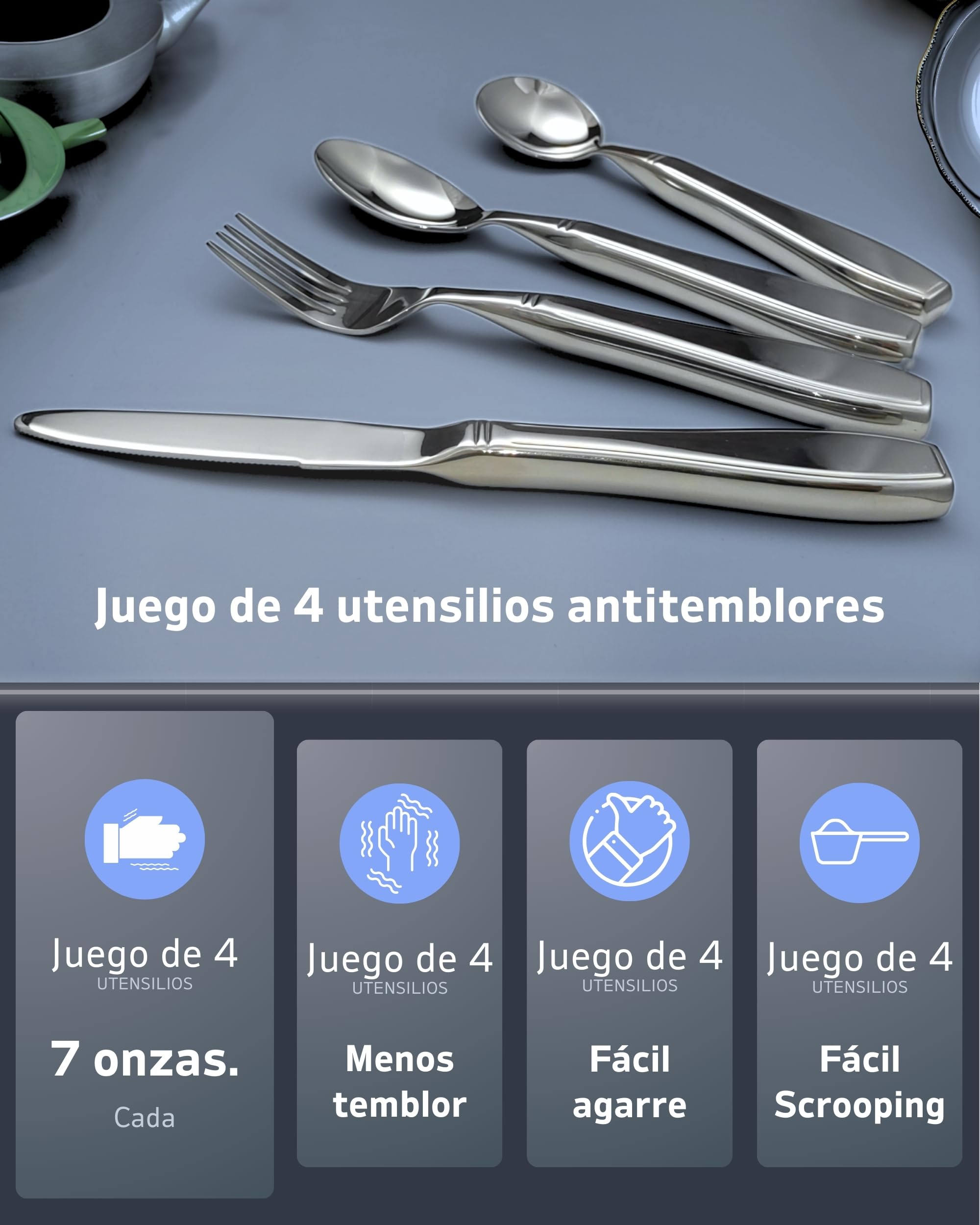 Juego de 4 Cubiertos con Peso para Temblores y Parkinson (7 oz Cada Uno) - Cubiertos Pesados para Temblores en las Manos, Utensilios Adaptativos para Personas Mayores