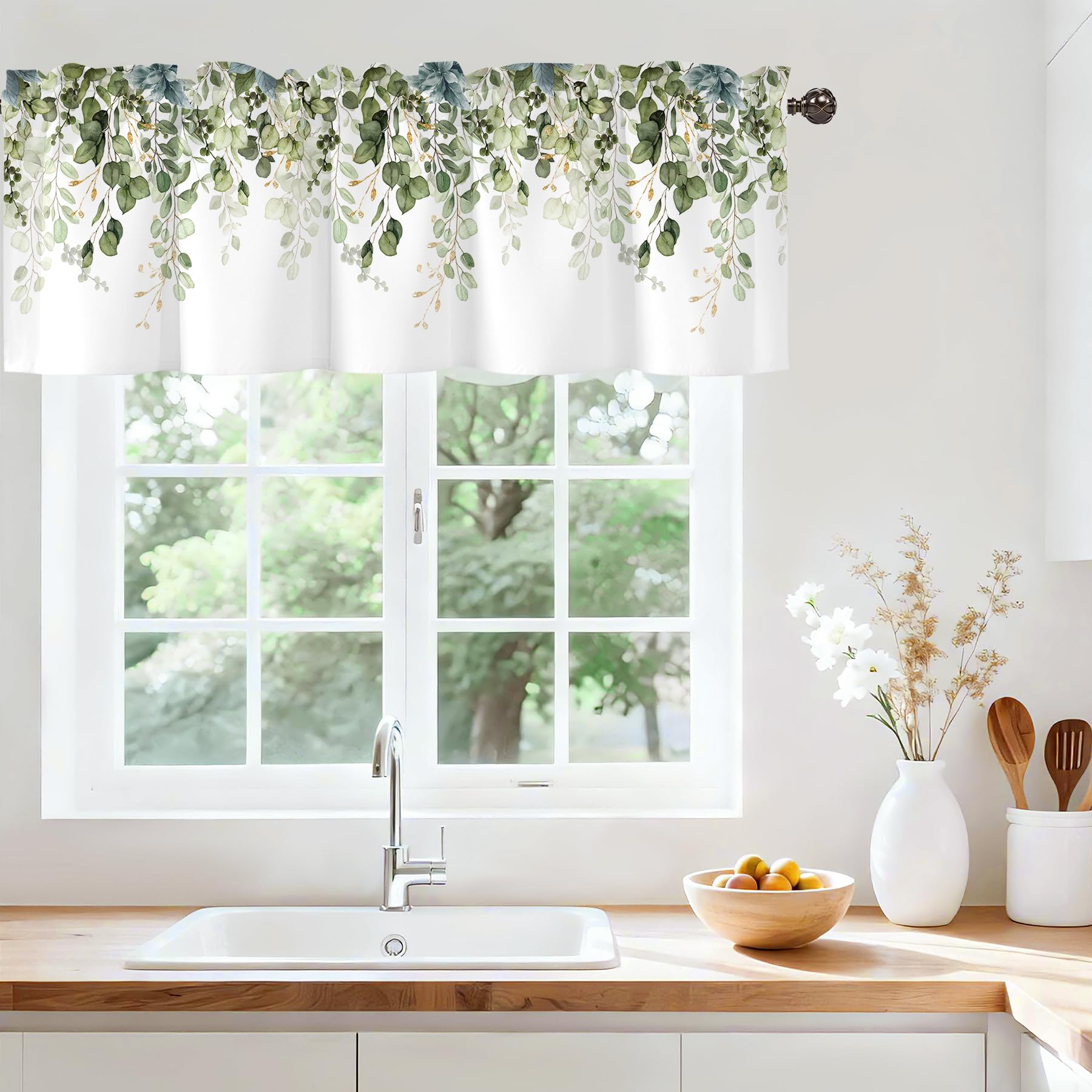 Green Eucalyptus Leaves Valance Curtains, Rod Pocket Sheer 42x12 in