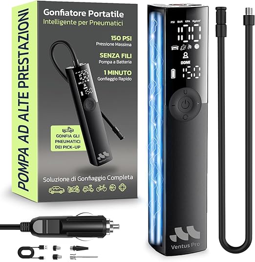 Woowind Compressore Aria Portatile Auto Premium, Gonfia Gomme Auto, 2X Più Veloce, 150PSI, Mini Compressore Portatile, Utilizzo Senza Fili o Con Cavo 12V, per SUV e Pickup, Spegnimento Automatico