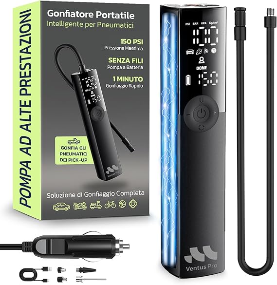 Woowind Compressore Aria Portatile Auto Premium, Gonfia Gomme Auto, 2X Più Veloce, 150PSI, Mini Compressore Portatile, Utilizzo Senza Fili o Con Cavo 12V, per SUV e Pickup, Spegnimento Automatico