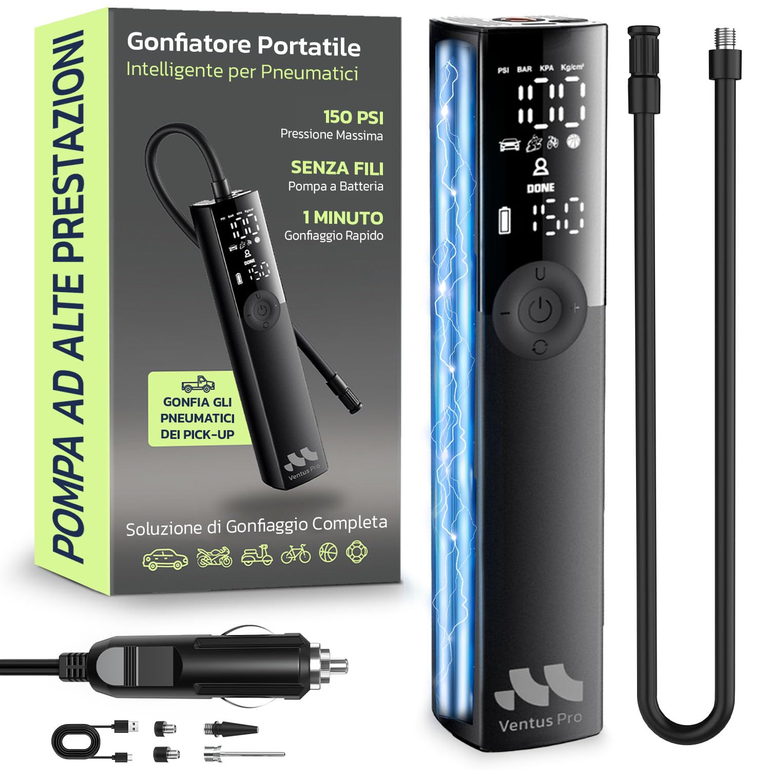 Woowind Compressore Aria Portatile Auto Premium, Gonfia Gomme Auto, 2X Più Veloce, 150PSI, Mini Compressore Portatile, Utilizzo Senza Fili o Con Cavo 12V, per SUV e Pickup, Spegnimento Automatico