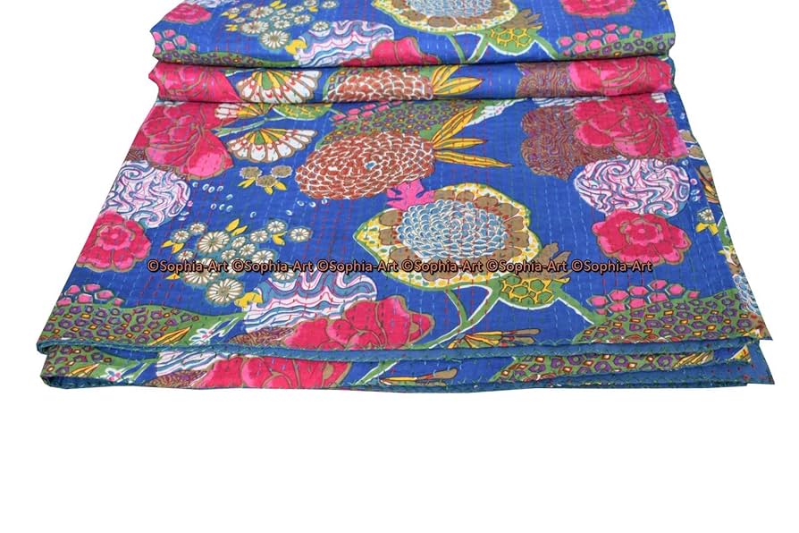 Sophia-Art King/Twin Size Indian Handmade Paisley Print Kantha Quilt Cotton Kantha Blanket Bed Cover Sofa Cover Kantha Bedspread Bohemian Bedding ( Turquoise, California King 108x108 Inches