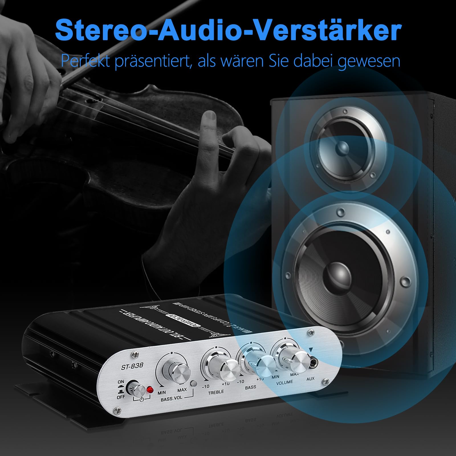 HiFi Audio Verstärker,2.1CH Stereo Verstärker,RMS 20Wx2+40W ST-838 mit Subwoofer Ausgang KlasseD Mini Digital Endstufe Empfänger mit AUX für Zuhause,Auto Lautsprecher,Schwarz(Inklusive Netzadapter)