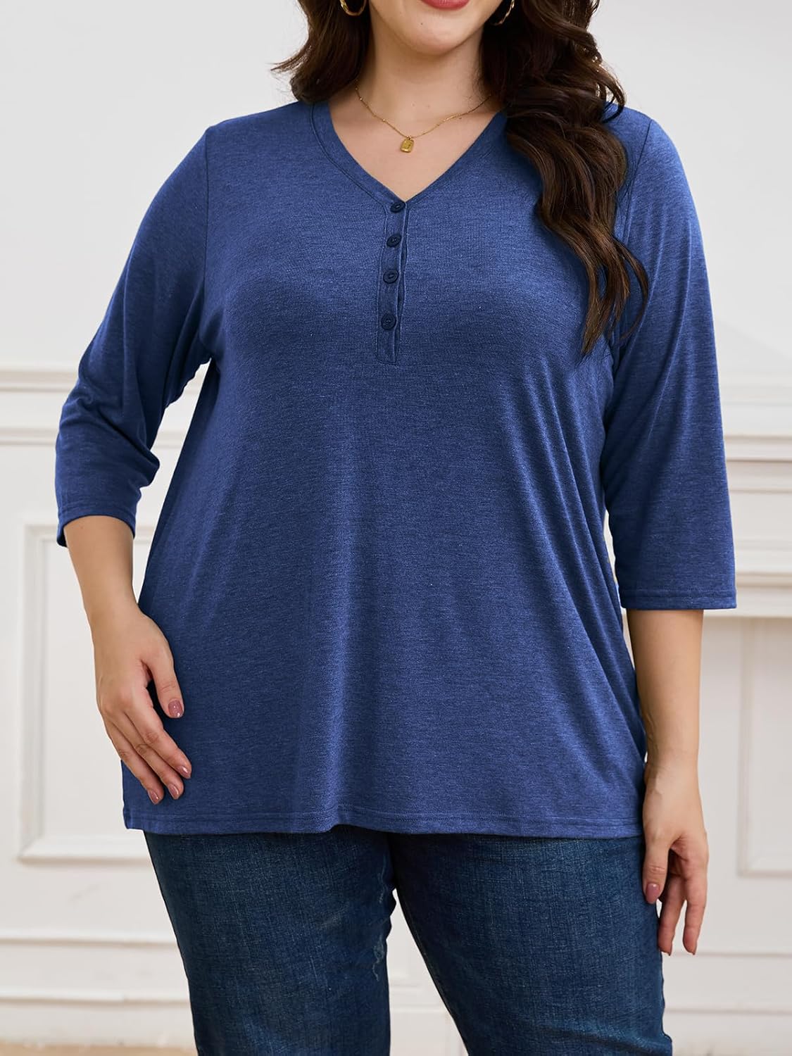 ZDC Women's Plus Size Tops 3/4 Sleeve V Neck T Shirts Button Down Basic Tunic - Image 4