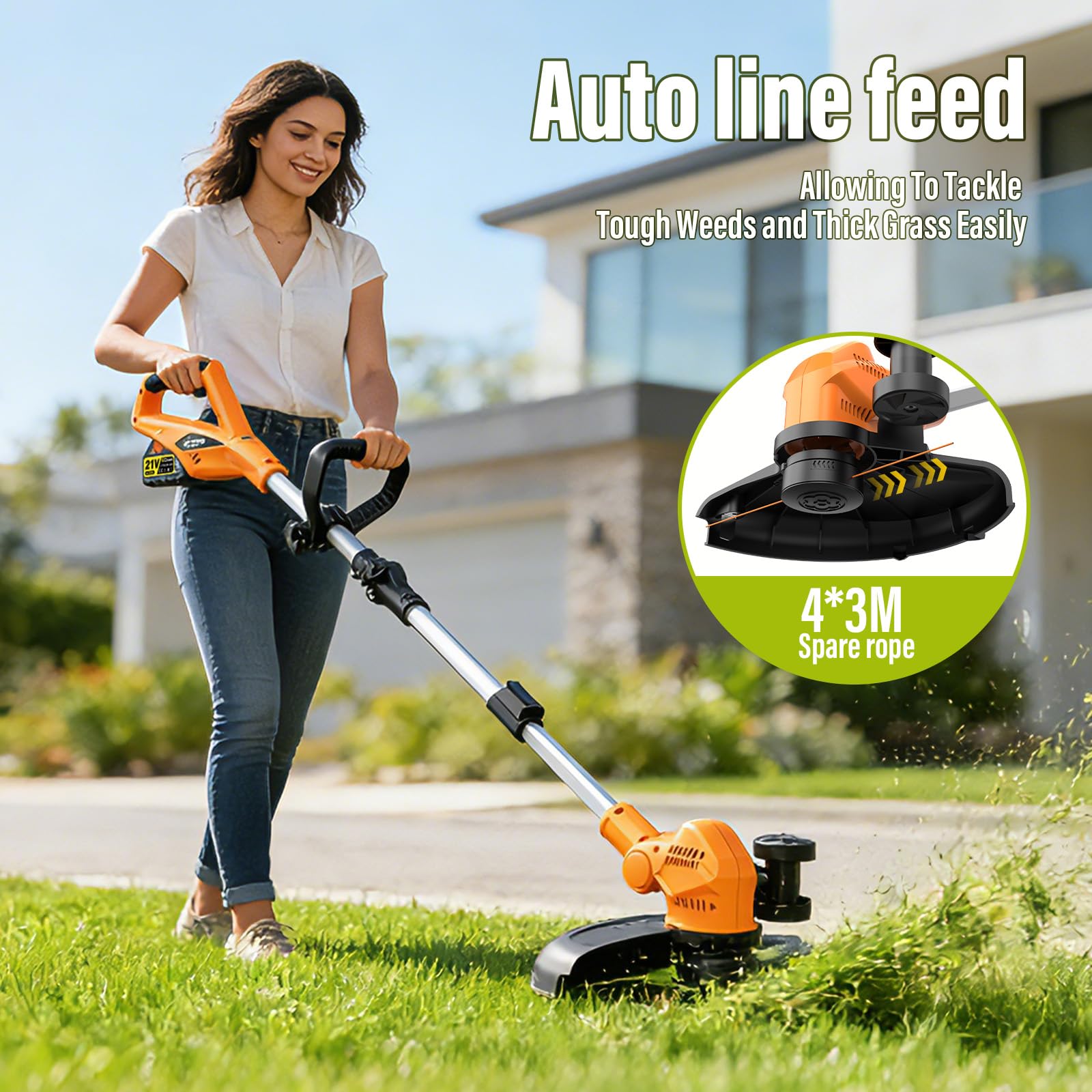 Cortacésped inalámbrico, 3000 W, motor sin escobillas, viene con 2 baterías de 4,0 Ah y un cargador, ancho de corte de 48 cm, altura de corte de 70 a 40 mm, altura e inclinación ajustables