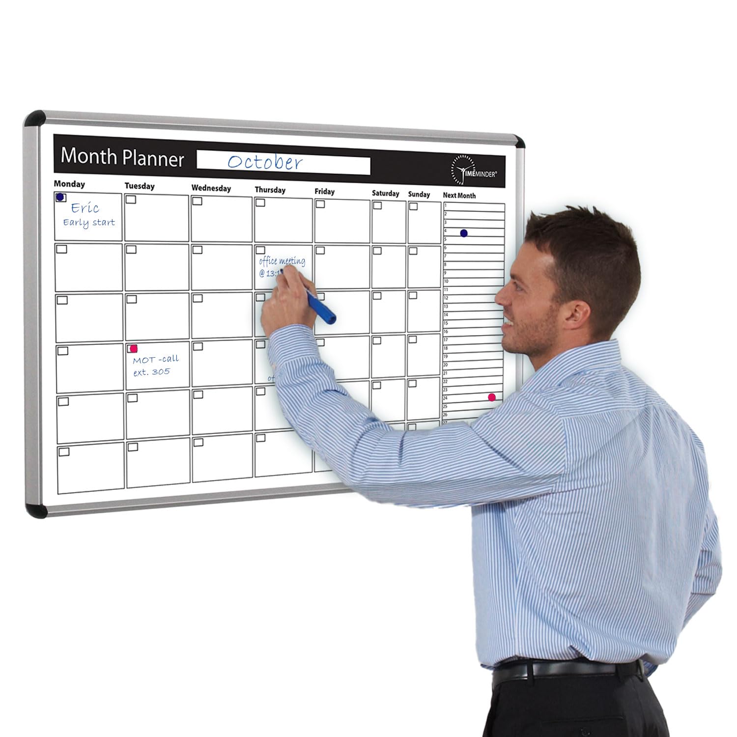 Timeminder Magnetic Whiteboard, Monthly Planner, 900 x 600 mm, Dry-Erase, Wall-Mounted, Aluminium Frame- Ideal for Office, Home, School