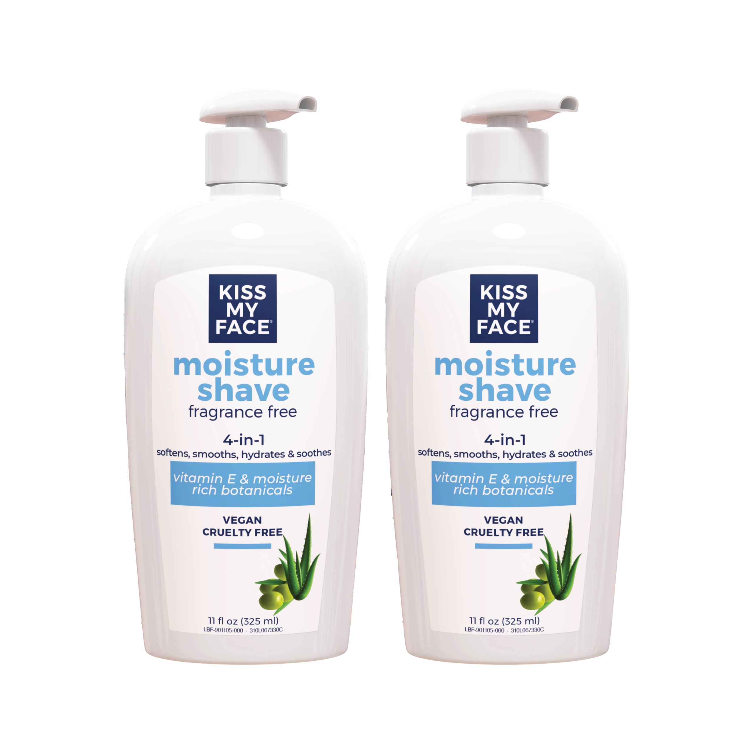 Kiss My Face Fragrance Free Moisture Shave, 4 In 1 Shaving Cream, Cruelty Free And Vegan, With Added Olive Oil And Aloe Leaf Extract, Vitamin E Rich, 2 Pack, 11 fl Oz Pump Bottle