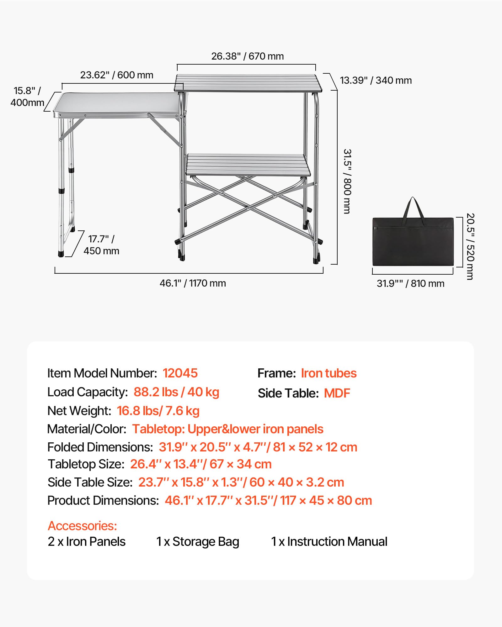 VEVOR Klappbarer Campingtisch, Campingkochstation mit Beistelltisch, Hitzebeständiger Tischplatte und Tragetasche, Tragbare Camping-Küchenstation Ideal für Picknick, Grillen und Wohnmobilreisen