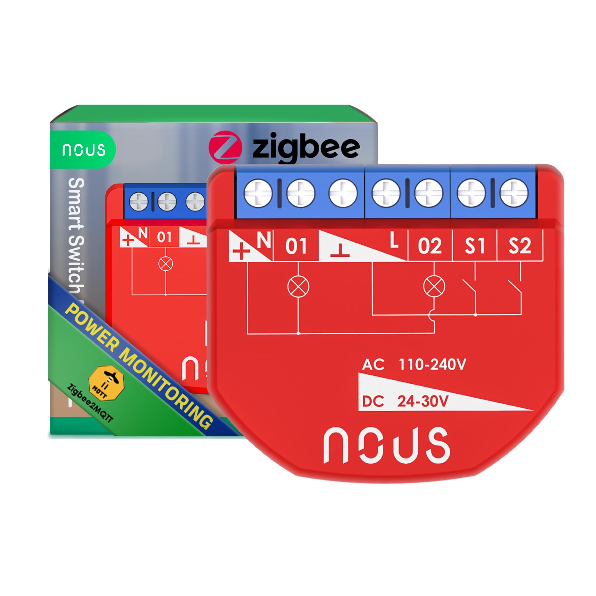 NOUS Module Interrupteur Intelligent ZigBee avec Mesure de Puissance, 2 Canaux, AC 16A/DC 10A, 3.0 Hub Requis, Compatible avec Alexa, Zigbee2MQTT, Google Assistant, Home Assistant, Tuya