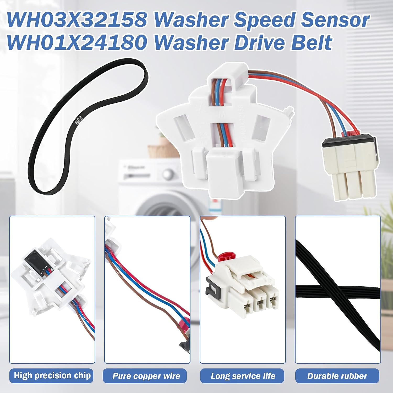WH03X32158 Washer Speed Sensor & WH01X24180 Washer Drive Belt Compatible with GE Hotpoint Clothes Washer, Replaces WH12X25294 WH12X26330 AP7020336 PS16619248 AP6024314 4455970 PS11736832