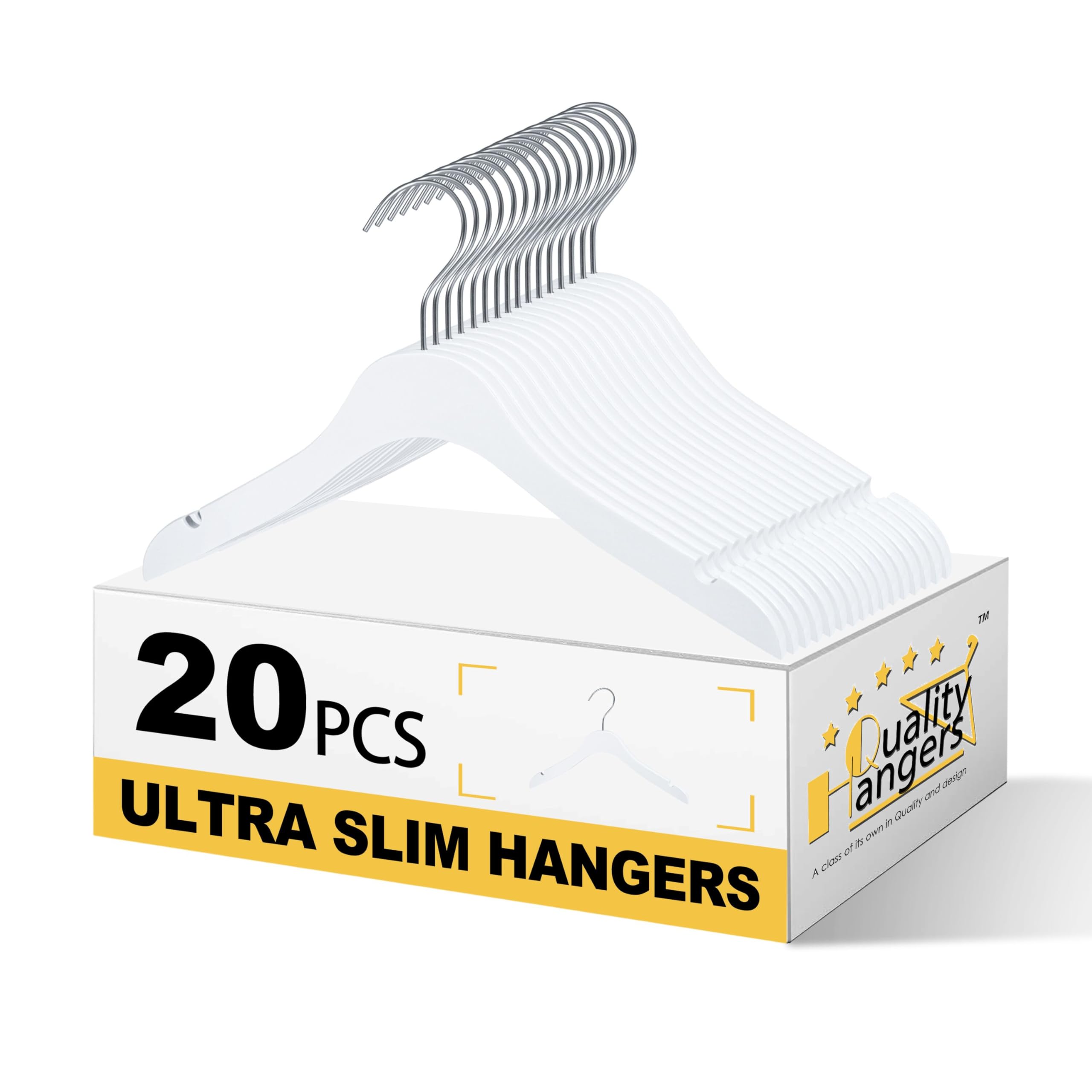 Quality 12-Inch Ultra Slim Kids Wooden Hangers – Multi-Pack – Space Saving White Design with Nickel Swivel Hook – for Baby Clothes, Shirts & Dresses (White, No Bar, 20 Pack)