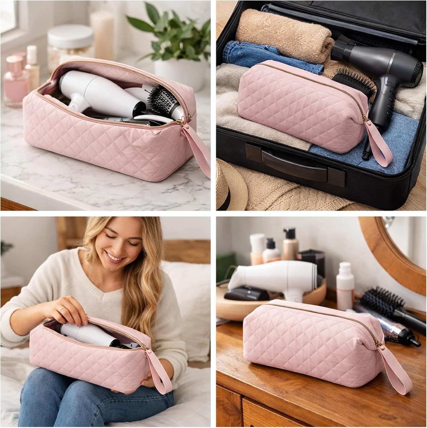 Quilted Hair Tools Travel Organizer Bag,Portable Large Hair Styling Accessories Storage Case for Flat Irons,Straightener,Curling Iron,Hair Dryer (Pink)
