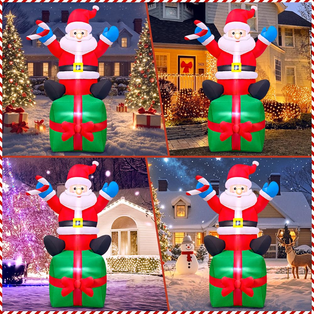 KOOY Père Noël gonflable de 1,8 m assis sur une boîte cadeau, décoration de jardin gonflable, lumières LED pour fête de Noël, décoration de pelouse extérieure