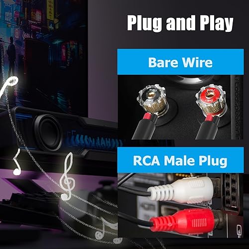 Miniatura 4 de Adaptador de cable RCA a altavoz, 18 AWG, paquete de 2 conectores RCA macho de 3 pies a cable desnudo de extremo abierto, cable de audio UIInosoo,