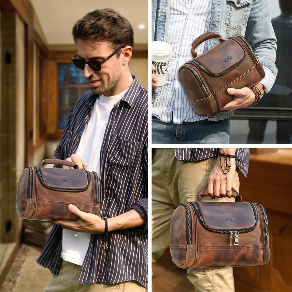 CONTACTS Crazy Horse Leather Toiletry Bag for Men Travel Bathroom Shaving Dopp Kit Toiletries Organizer Vintage Brown Cosmetic Bag Handbag