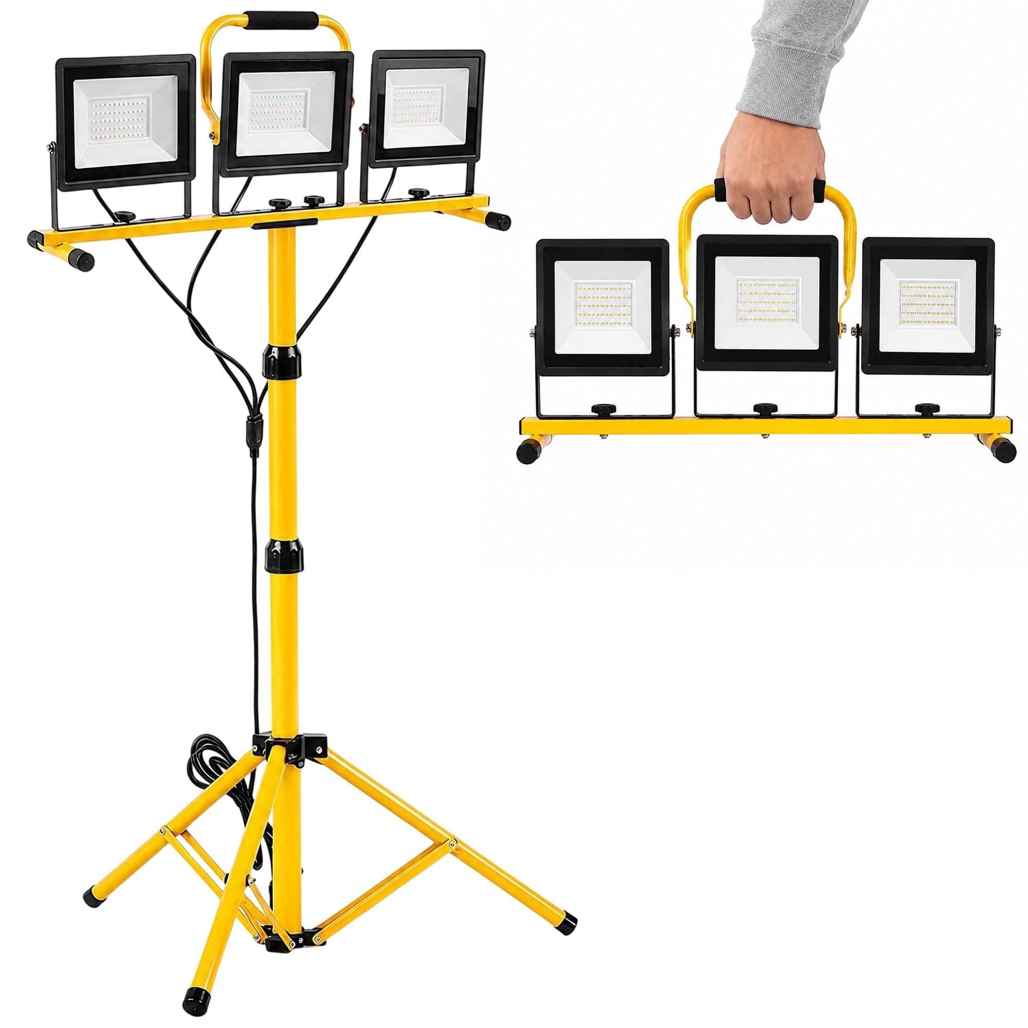 Projecteur LED chantier, 70W×3, sur trépied, IP66, avec câble 5M | Orientable; hauteur réglable; pour atelier et garage.
